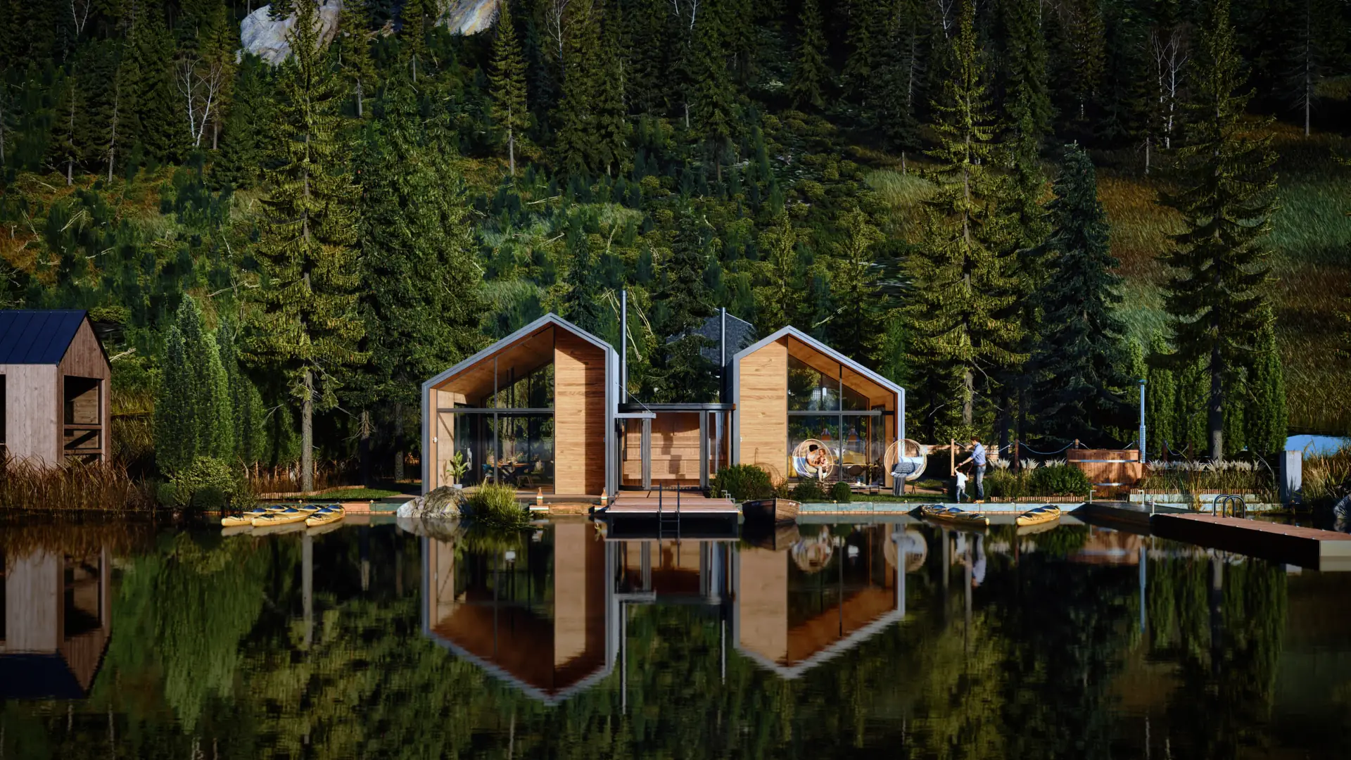 3D-visualisatie van twee moderne houten huizen aan een bosmeer, weerspiegeld in het water, met een dennenbos erachter. Gemaakt in 3ds Max en gerenderd met V-Ray.
