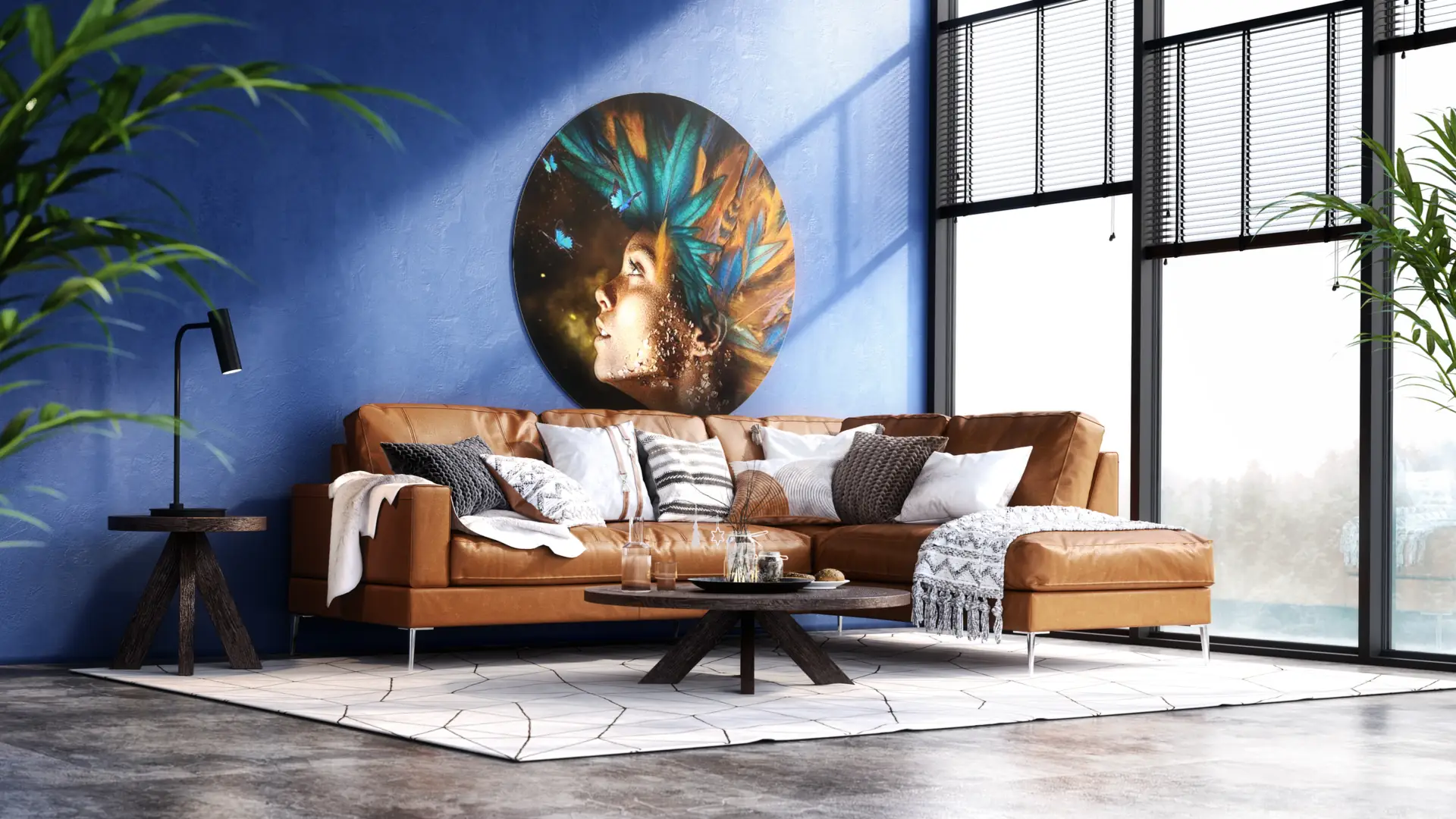 3D-visualisatie van een industriële woonkamer met een blauwe wand, een cognackleurige leren bank en een rond kunstwerk, met zonlicht dat schuin over de muur valt. Gemaakt in 3ds Max en gerenderd met V-Ray.