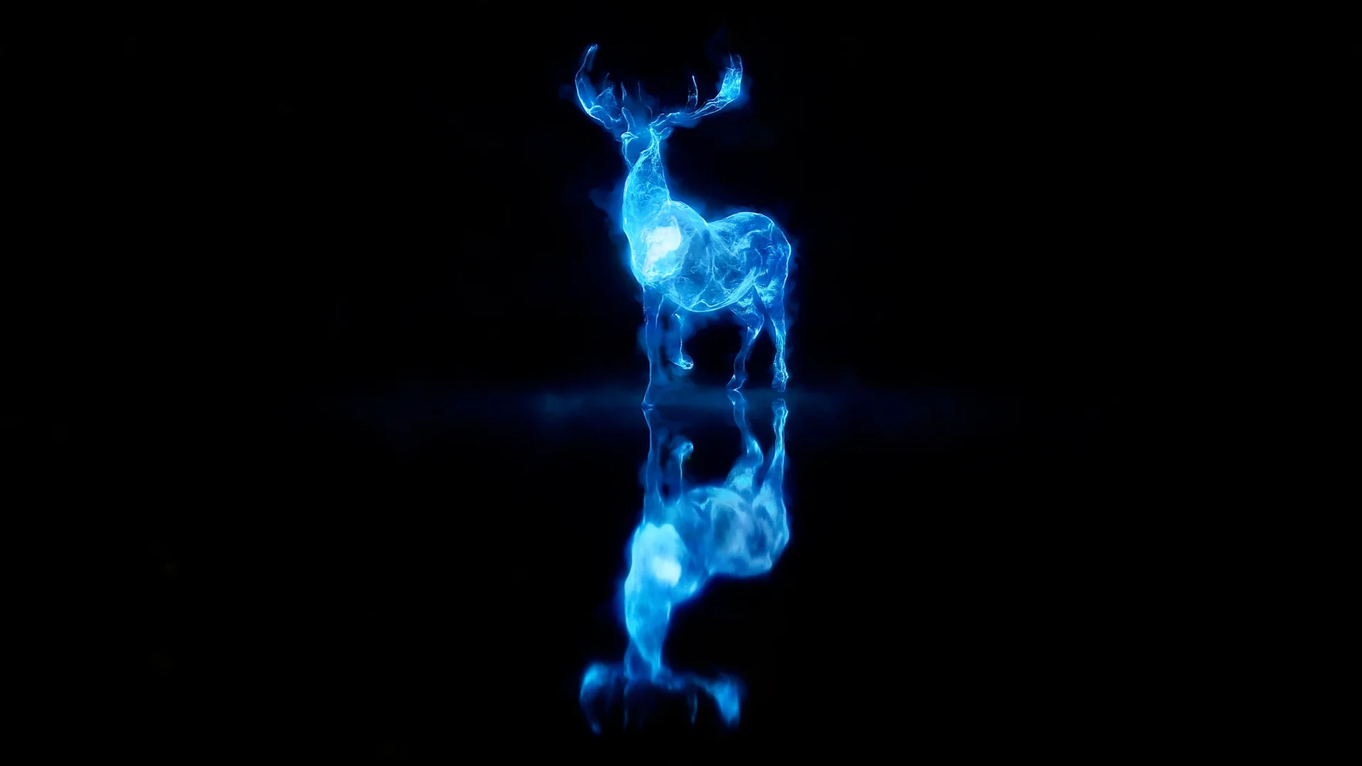 Een hert van oplichtende blauwe rook met zijn spiegelbeeld op een zwarte achtergrond. Een Pyro-simulatie in Houdini, gerenderd in Octane.