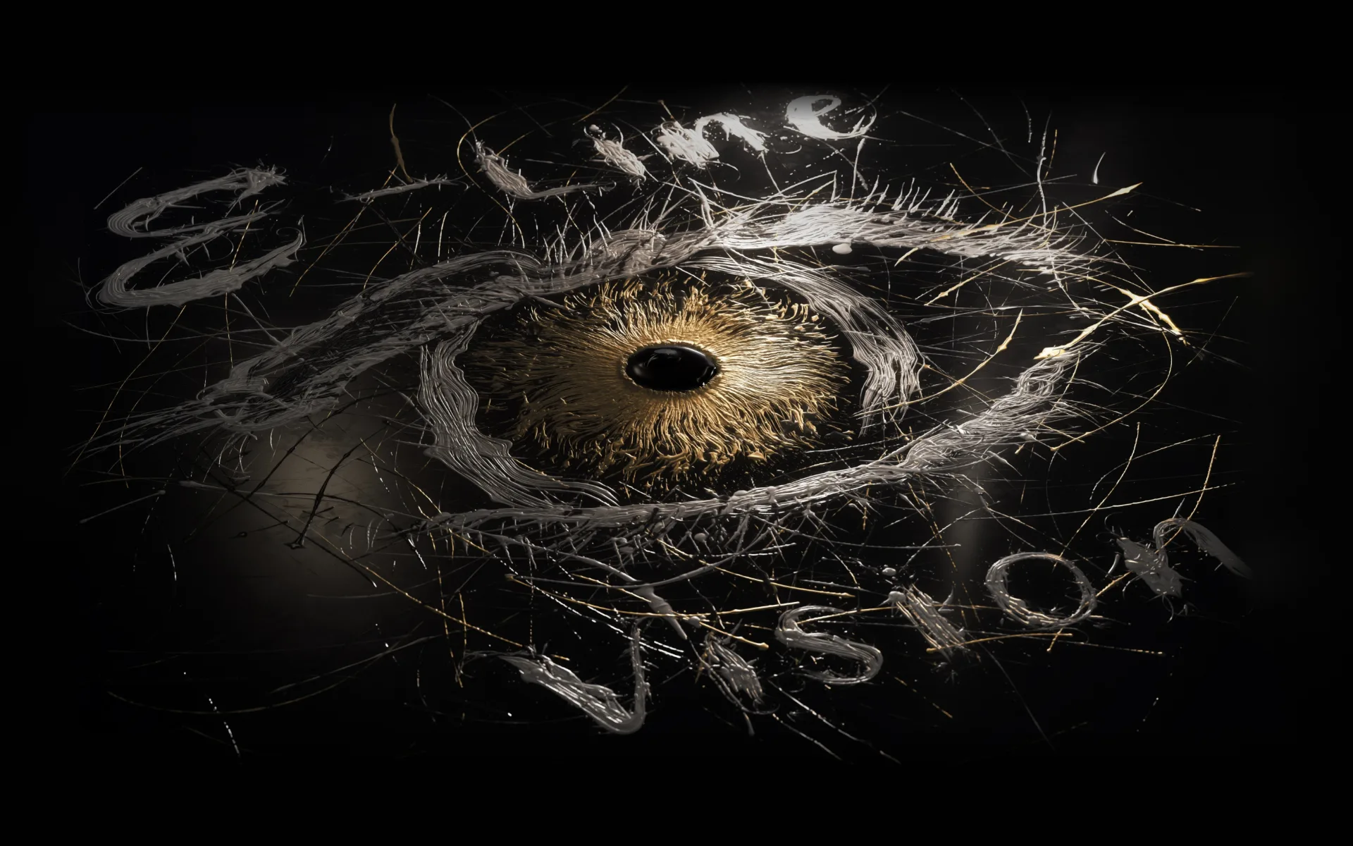 Het logo van E-Line Vision in 3D: het oog van Eline Kouijzer met een gouden iris, omringd door de naam E-Line Vision in zilveren penseelstreken. Gemaakt in Houdini en gerenderd in Octane.
