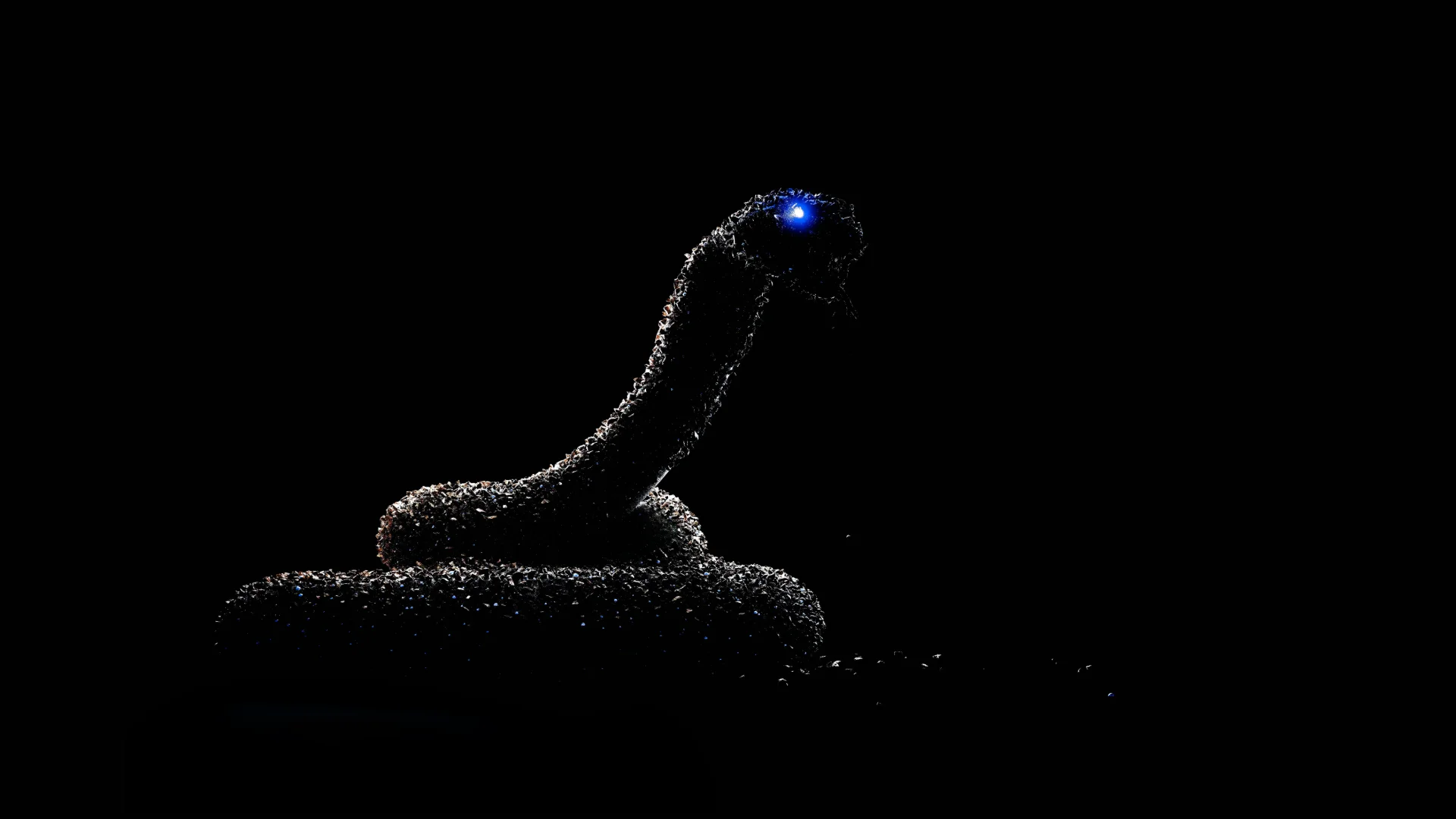 Een slang van stenen met een gloeiend blauw oog, opgerold op een zwarte achtergrond. Procedureel gemaakt in Houdini en gerenderd in Octane.