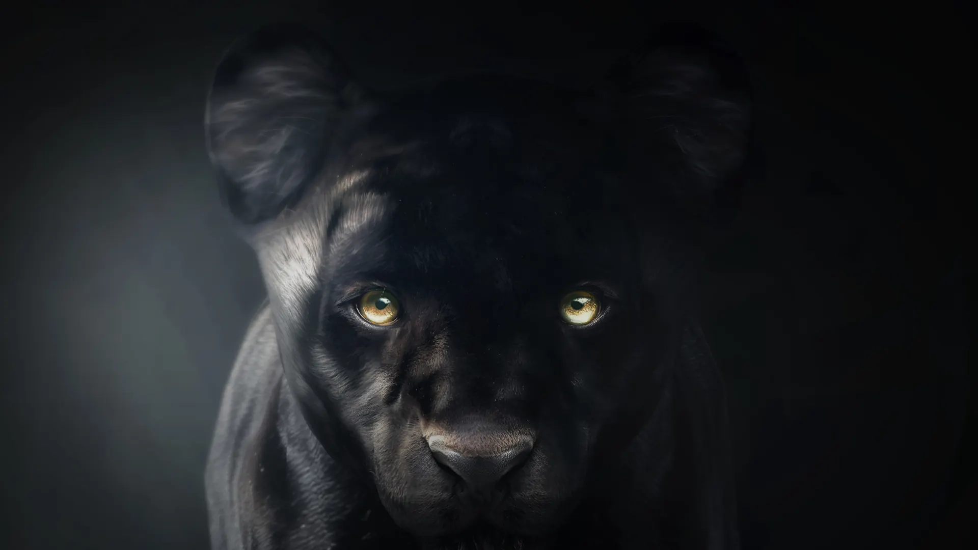 Close-up van een zwarte panter met gele ogen die uit het donker kijkt. Gemaakt in 3ds Max en gerenderd met V-Ray.